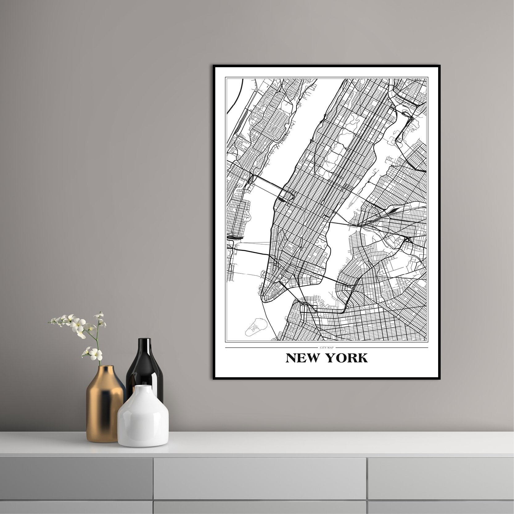 Map New York white | FRAMED PRINT