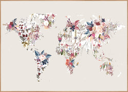 Worldmap flowers light | FRAMED PRINT