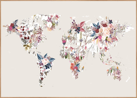 Worldmap flowers light | FRAMED PRINT
